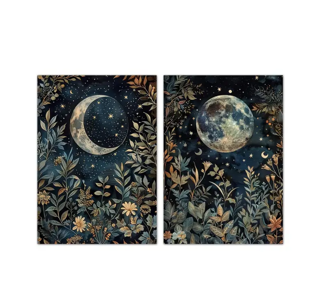 "Lunar Enchantment" Mystical Moon & Botanical Tapestry Prints
