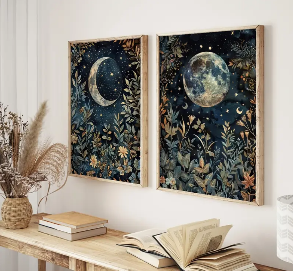 "Lunar Enchantment" Mystical Moon & Botanical Tapestry Prints
