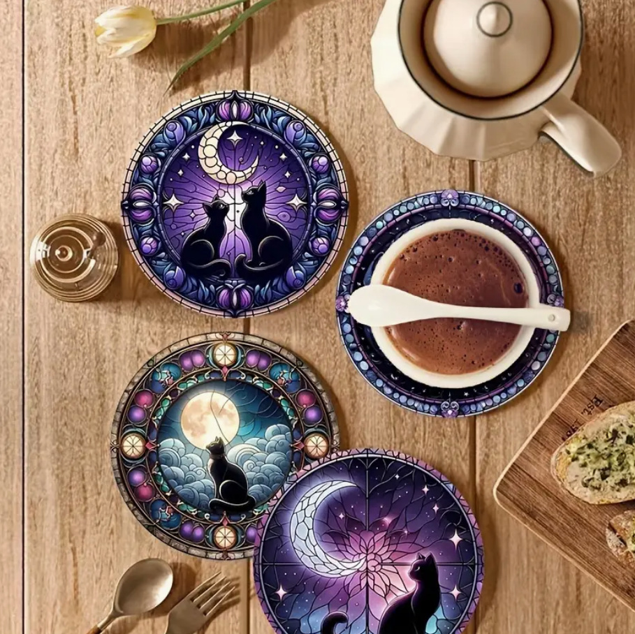 Feline Mystique Celestial Cat Coaster Set