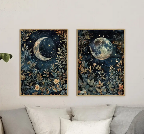 "Lunar Enchantment" Mystical Moon & Botanical Tapestry Prints