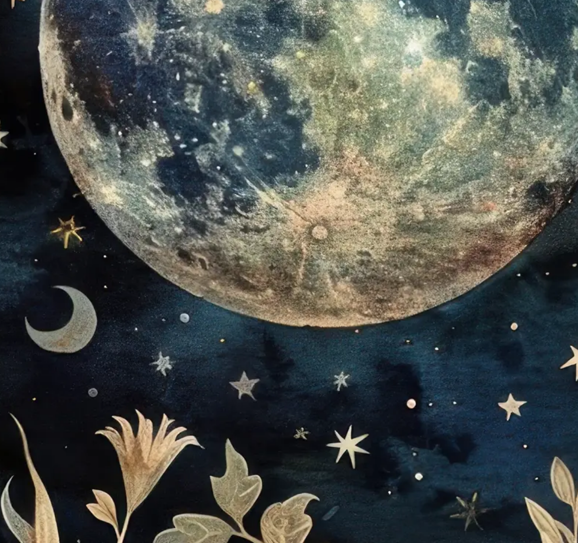 "Lunar Enchantment" Mystical Moon & Botanical Tapestry Prints