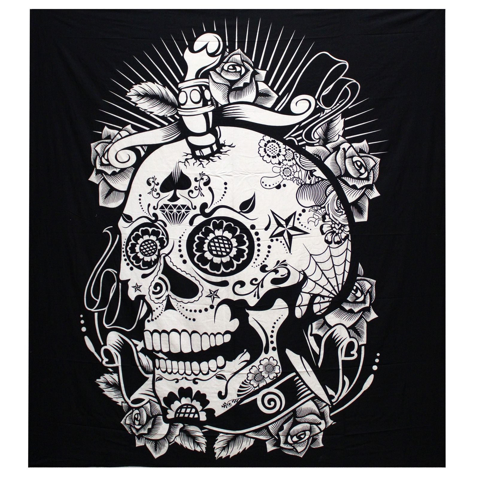 Double Cotton Bedspread + Wall Hanging - Rose Skull